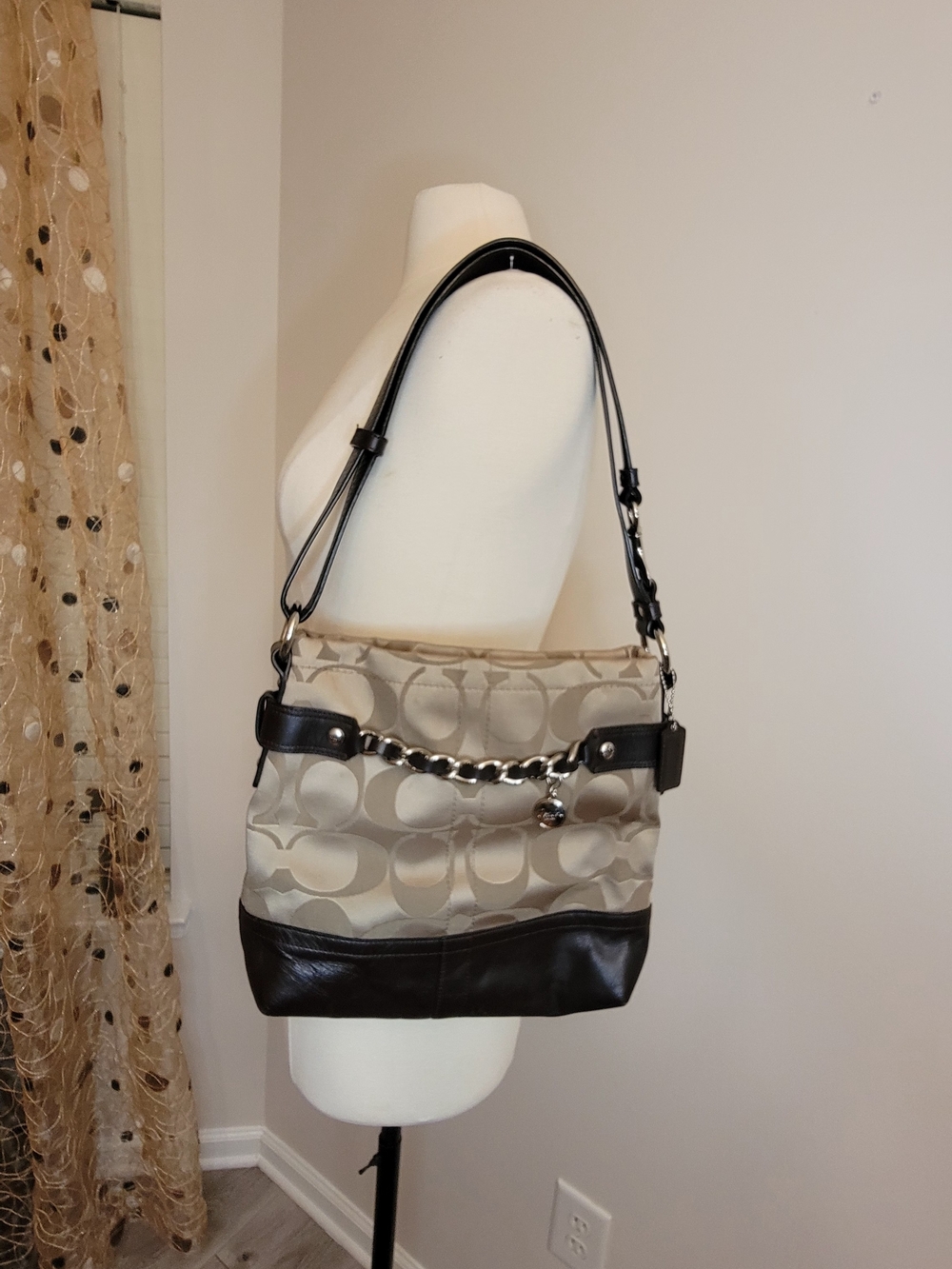 Coach Beige Signature Jacquard Hobo Bag with Dark Brown Leather Trim